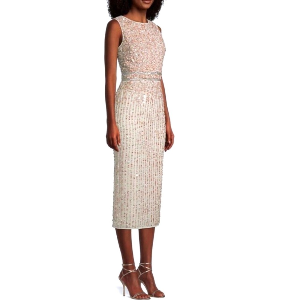Mac Duggal Beaded‎ Sequin Embellished Nude Sheath Dress Formal Gown Size 8